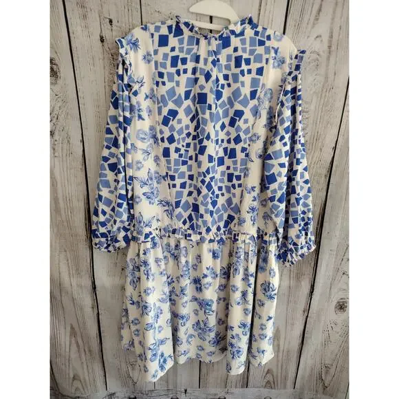 Tolani Collection Blue & White Geometric-Print Ruffle Trim Flowy Babydoll Dress - Picture 6 of 13